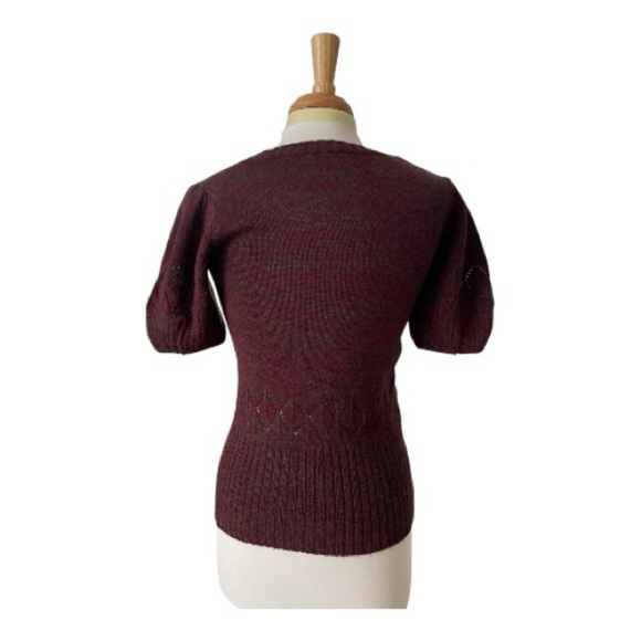 Moda International Burgundy Short Sleeve Sweater with Leaf Lace Pattern - Picture 2 of 5
